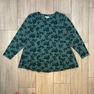 Denim & Co Floral Tunic Top Womens 1X Green Long Sleeve Swing Plus